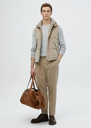 Bej Regular Fit Dik Yaka Casual Dokuma Spor Yelek