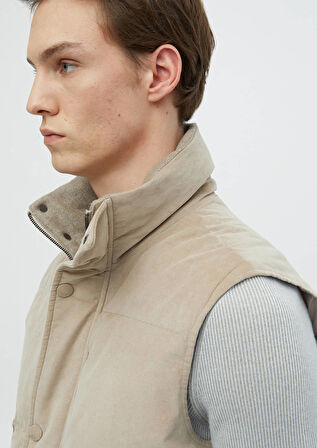 Bej Regular Fit Dik Yaka Casual Dokuma Spor Yelek