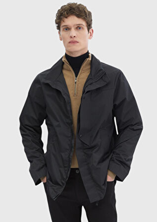 Siyah Regular Fit Dik Yaka Casual Dokuma Mont