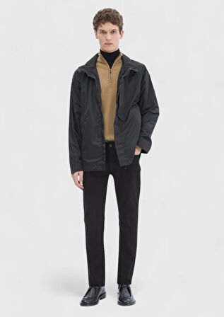 Siyah Regular Fit Dik Yaka Casual Dokuma Mont