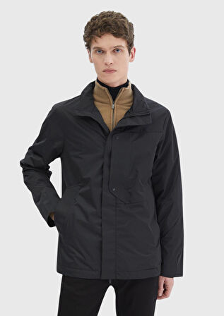 Siyah Regular Fit Dik Yaka Casual Dokuma Mont