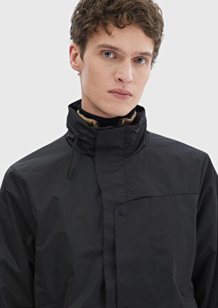Siyah Regular Fit Dik Yaka Casual Dokuma Mont