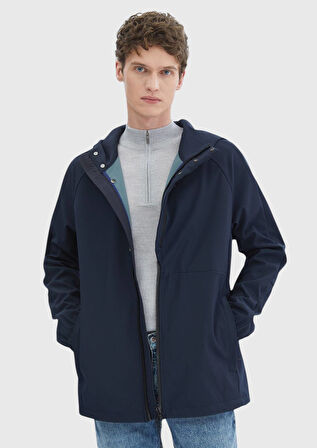 Lacivert Regular Fit Kapüşonlu Denim Dokuma Mont