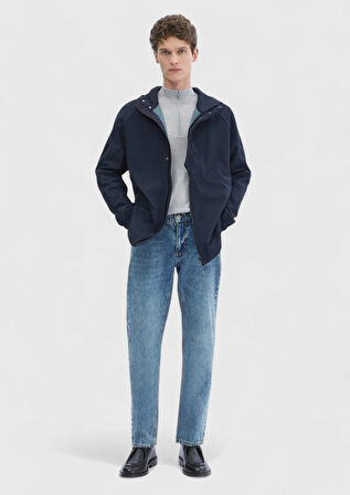 Lacivert Regular Fit Kapüşonlu Denim Dokuma Mont