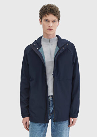 Lacivert Regular Fit Kapüşonlu Denim Dokuma Mont