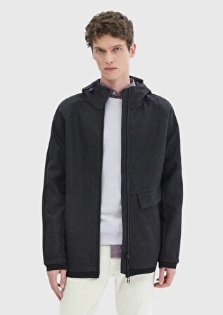 Koyu Gri Regular Fit Kapüşonlu Denim Dokuma Mont