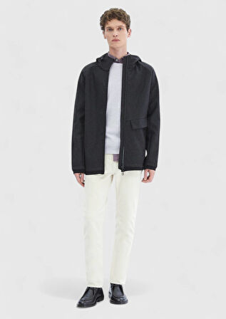 Koyu Gri Regular Fit Kapüşonlu Denim Dokuma Mont