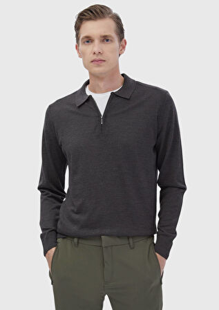 Antrasit Polo Yaka Düz Örgü Yün Karışımlı Triko Kazak
