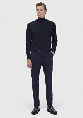 Lacivert Tam Balıkçı Yaka Düz Örgü Yün Karışımlı Triko Kazak