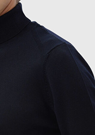 Lacivert Tam Balıkçı Yaka Düz Örgü Yün Karışımlı Triko Kazak