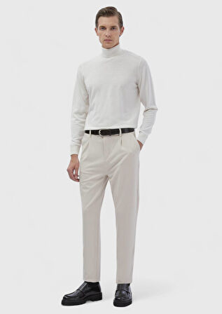 Ekru Tam Balıkçı Yaka Düz Örgü Yün Karışımlı Triko Kazak