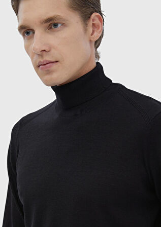 Siyah Tam Balıkçı Yaka Düz Örgü Yün Karışımlı Triko Kazak