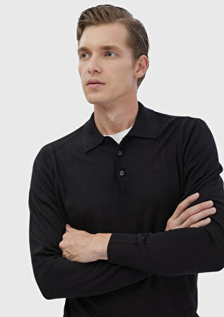 Siyah Polo Yaka Düz Örgü Yün Karışımlı Triko Kazak