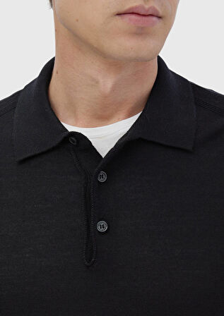 Siyah Polo Yaka Düz Örgü Yün Karışımlı Triko Kazak