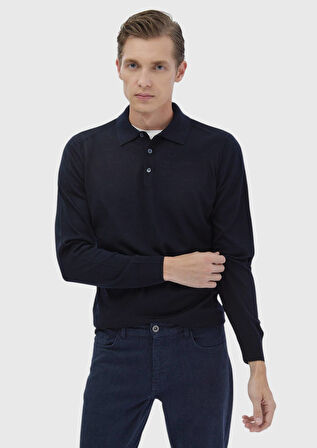 Lacivert Polo Yaka Düz Örgü Yün Karışımlı Triko Kazak