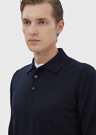 Lacivert Polo Yaka Düz Örgü Yün Karışımlı Triko Kazak