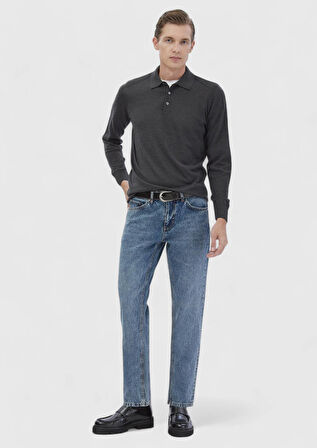 Antrasit Polo Yaka Düz Örgü Yün Karışımlı Triko Kazak