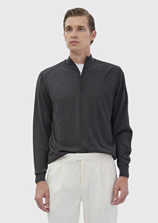 Antrasit Yarım Balıkçı Yaka Düz Örgü Yün Karışımlı Triko Kazak