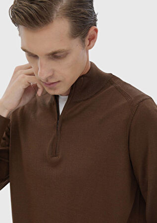 Tarçın Yarım Balıkçı Yaka Düz Örgü Yün Karışımlı Triko Kazak