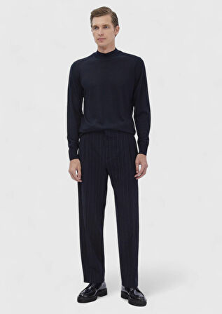 Lacivert Bato Yaka Düz Örgü Yün Karışımlı Triko Kazak