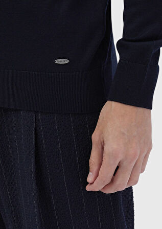 Lacivert Bato Yaka Düz Örgü Yün Karışımlı Triko Kazak