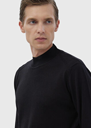 Siyah Bato Yaka Düz Örgü Yün Karışımlı Triko Kazak