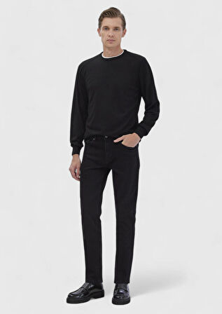 Siyah Bisiklet Yaka Düz Örgü Yün Karışımlı Triko Kazak