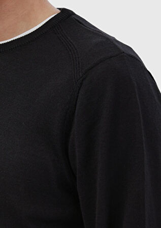 Siyah Bisiklet Yaka Düz Örgü Yün Karışımlı Triko Kazak