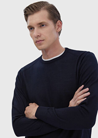 Lacivert Bisiklet Yaka Düz Örgü Yün Karışımlı Triko Kazak