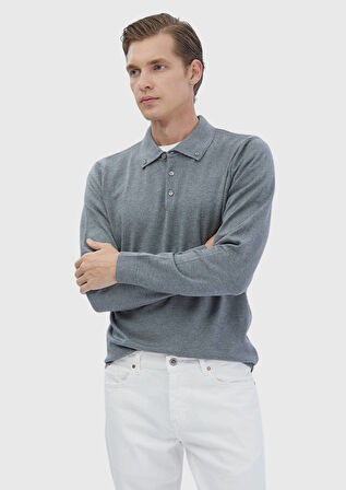 Gri Polo Yaka Düz Örgü Triko Kazak