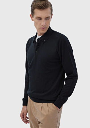 Siyah Polo Yaka Düz Örgü Triko Kazak
