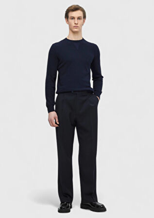 Lacivert Bisiklet Yaka Düz Örgü Yün Karışımlı Triko Kazak