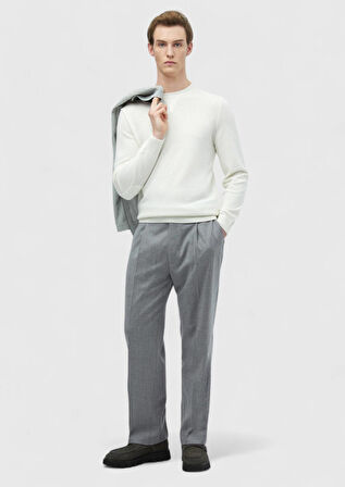 Ekru Bisiklet Yaka Düz Örgü Yün Karışımlı Triko Kazak