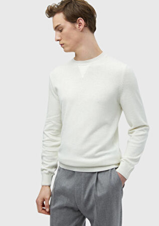 Ekru Bisiklet Yaka Düz Örgü Yün Karışımlı Triko Kazak