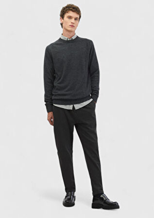 Antrasit Bisiklet Yaka Jakarlı Yün Karışımlı Triko Kazak