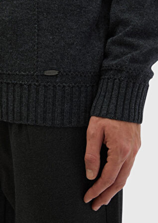 Antrasit Bisiklet Yaka Jakarlı Yün Karışımlı Triko Kazak