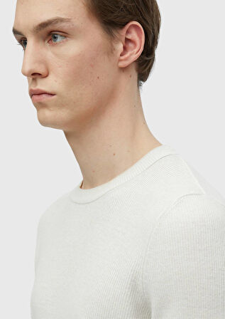 Ekru Bisiklet Yaka Düz Örgü Yün Karışımlı Triko Kazak
