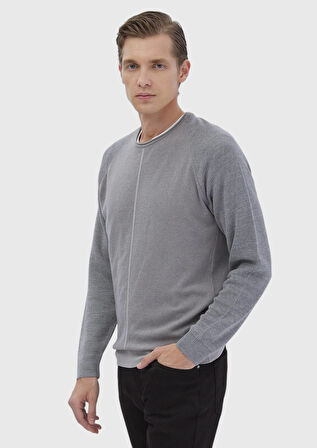 Gri Bisiklet Yaka Jakarlı Yün Karışımlı Triko Kazak