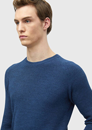 Koyu İndigo Bisiklet Yaka Jakarlı Yün Karışımlı Triko Kazak