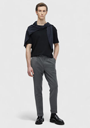 Siyah Bisiklet Yaka Düz Örgü Triko