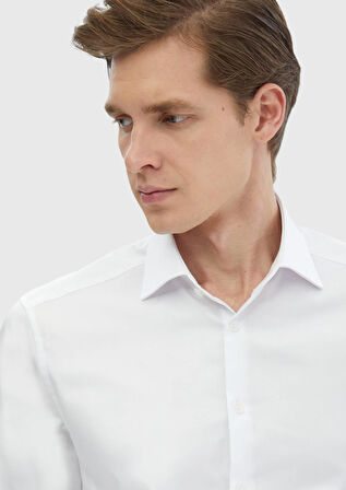 Beyaz Düz Regular Fit Dokuma Klasik %100 Pamuk Gömlek