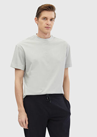 Açık Gri Düz Bisiklet Yaka %100 Pamuk T-Shirt