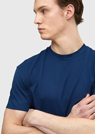 İndigo Düz Bisiklet Yaka %100 Pamuk T-Shirt