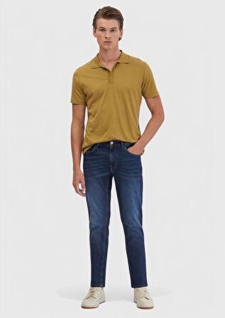 Lacivert Düz Slim Fit Denim Pamuk Karışımlı Pantolon