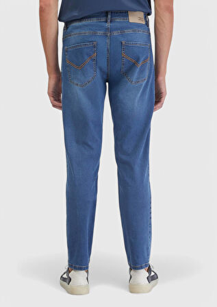 Mavi Düz Slim Fit Denim Pamuk Karışımlı Pantolon