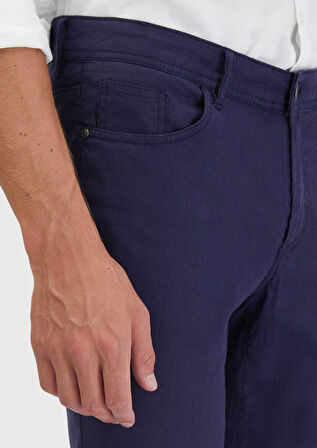 Lacivert Düz Dokuma Slim Fit Casual Keten Karışımlı Pantolon
