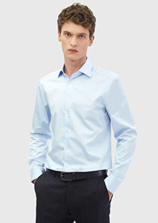 Koyu Mavi Düz Slim Fit Dokuma Klasik %100 Pamuk Gömlek