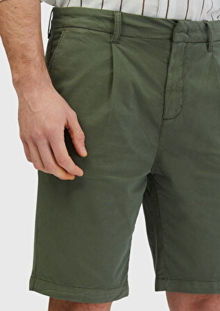 Haki Düz Dokuma Regular Fit Casual Pamuk Karışımlı Bermuda