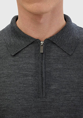 Antrasit Polo Yaka Düz Örgü %100 Yün Triko Kazak