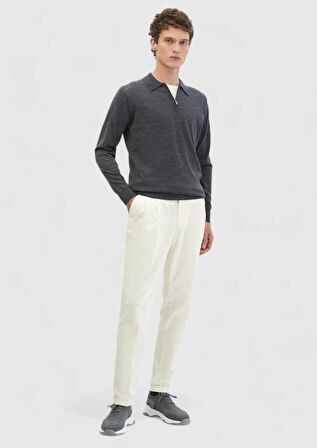 Antrasit Polo Yaka Düz Örgü %100 Yün Triko Kazak